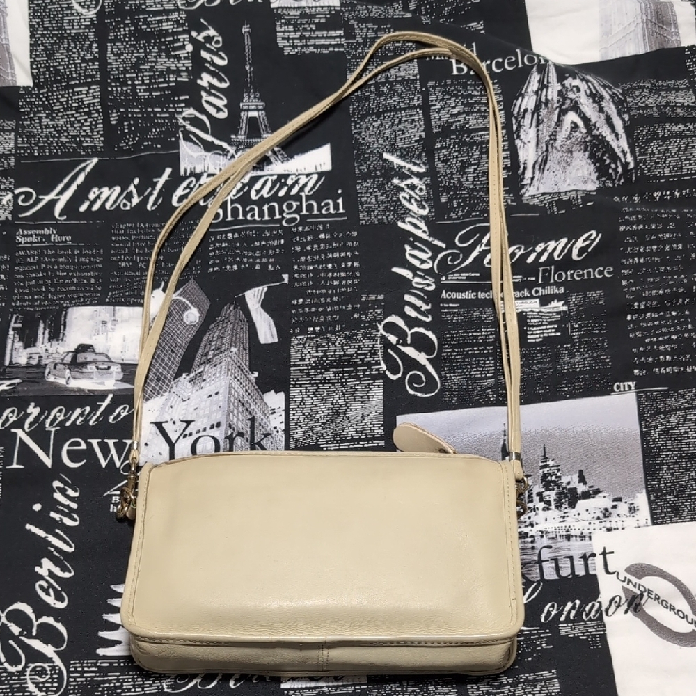 Vintage Real Leather Purse, Bone/Cream Color with Brass Hardware